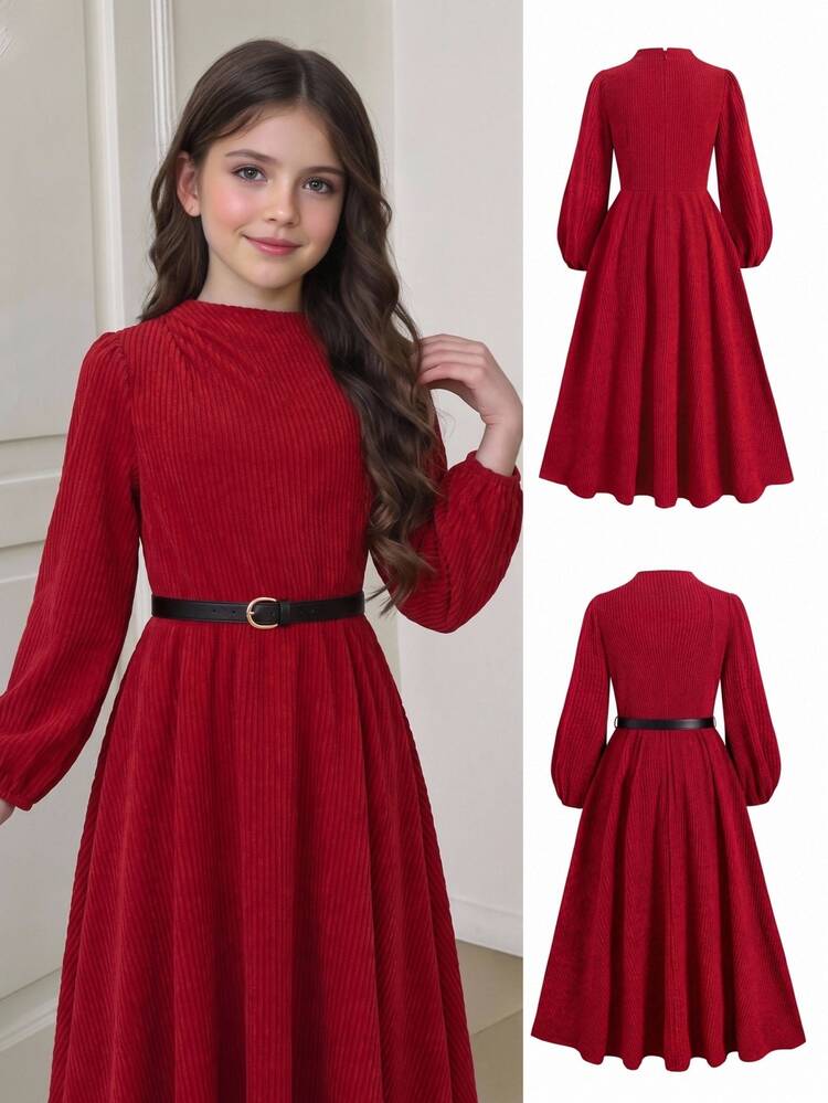 SHEIN Tween Girls Tween Girl Autumn/Winter Thermal Lined Thick Ribbed Casual Minimalist Christmas Long Dress - Red - View 4