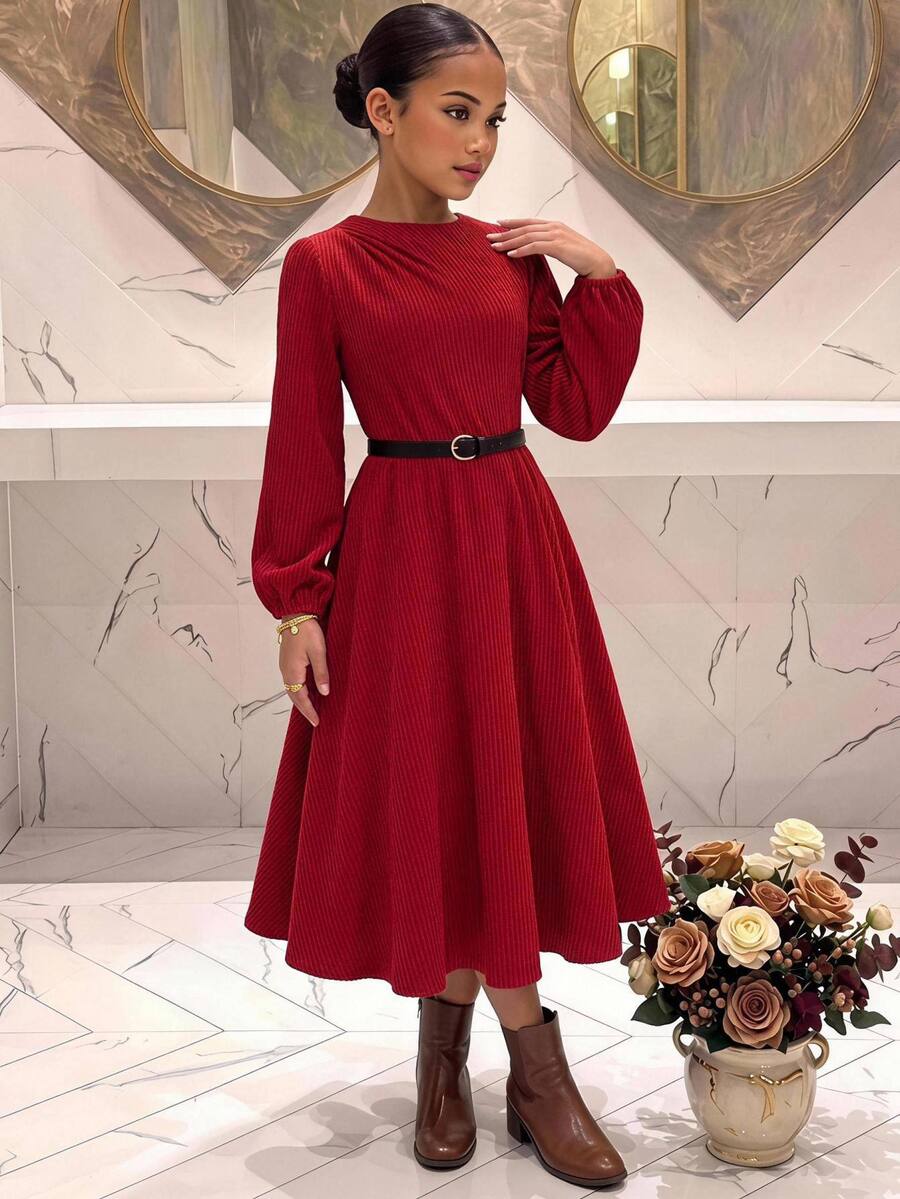 SHEIN 青少年女孩秋冬保暖內裡加厚羅紋休閒簡約聖誕長洋裝 - 紅色 - 查看 1