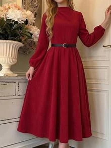 SHEIN 青少年女孩秋冬保暖內裡加厚羅紋休閒簡約聖誕長洋裝 - 紅色 - 查看 5