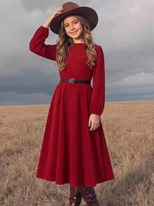 SHEIN 青少年女孩秋冬保暖內裡加厚羅紋休閒簡約聖誕長洋裝 - 紅色 - 查看 2