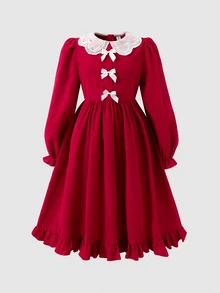 SHEIN Tween女孩兒童秋冬聖誕蝴蝶結簡約休閒洋裝 - 紅白色 - 查看 7