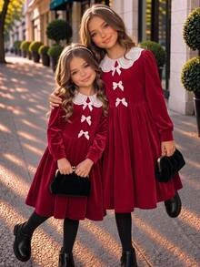 SHEIN Tween女孩兒童秋冬聖誕蝴蝶結簡約休閒洋裝 - 紅白色 - 查看 6