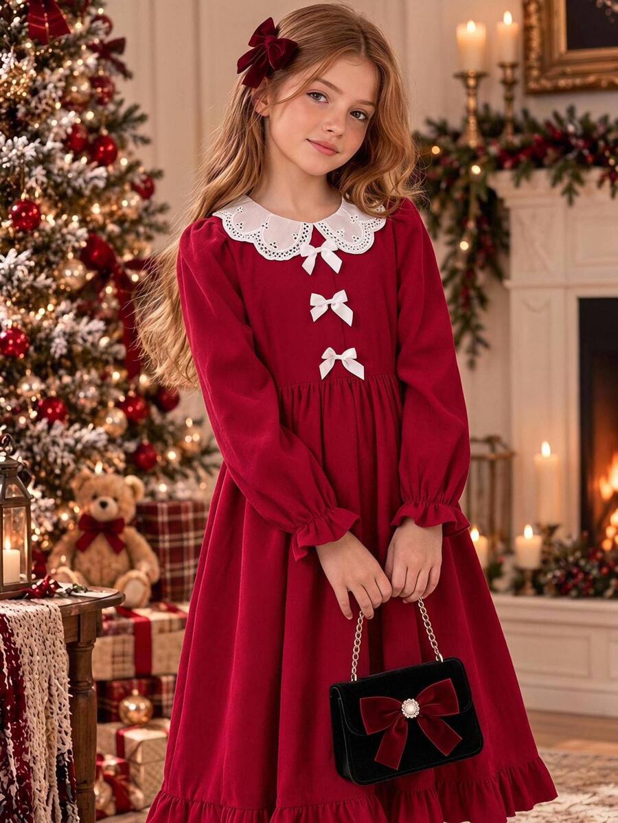 SHEIN Tween女孩兒童秋冬聖誕蝴蝶結簡約休閒洋裝 - 紅白色 - 查看 1