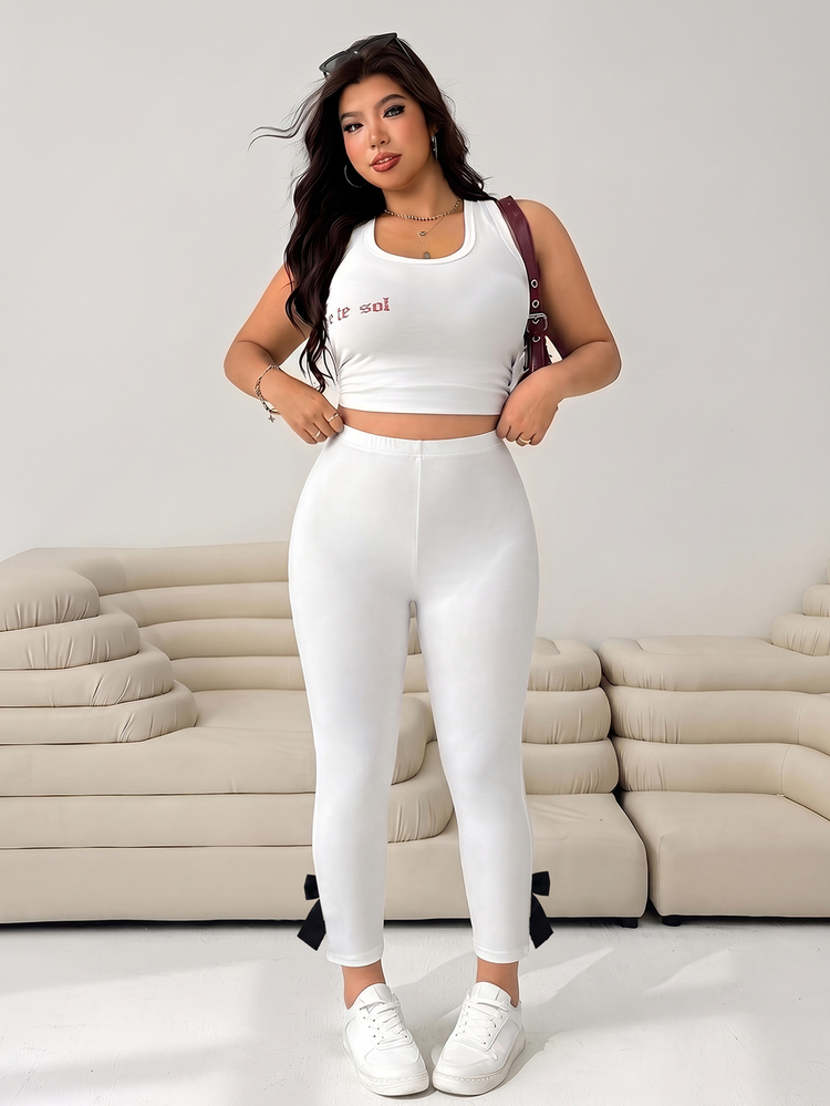 Solflare Plus Size Women Casual Commuter Minimalist Solid Color High Waist Bow Decor Slit Hem Skinny Ankle Pants - White - View 6