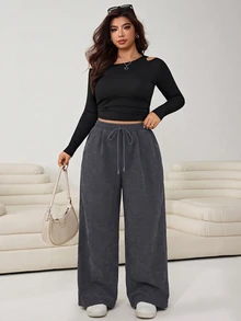 Solflare Relaxed Fit Chocolate Brown Corduroy Wide Leg Plus Size Long Pants With Drawstring Waist And Pockets Comfy Loose Autumn Vacation Casual Winter - Dark Grey - View 4