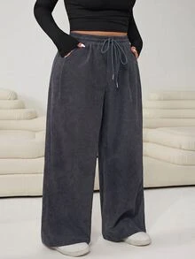 Solflare Relaxed Fit Chocolate Brown Corduroy Wide Leg Plus Size Long Pants With Drawstring Waist And Pockets Comfy Loose Autumn Vacation Casual Winter - Dark Grey - View 3
