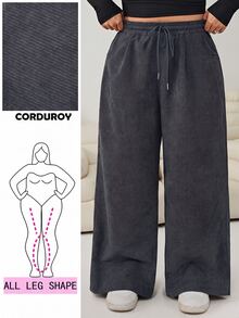 Solflare Relaxed Fit Chocolate Brown Corduroy Wide Leg Plus Size Long Pants With Drawstring Waist And Pockets Comfy Loose Autumn Vacation Casual Winter - Dark Grey - View 1