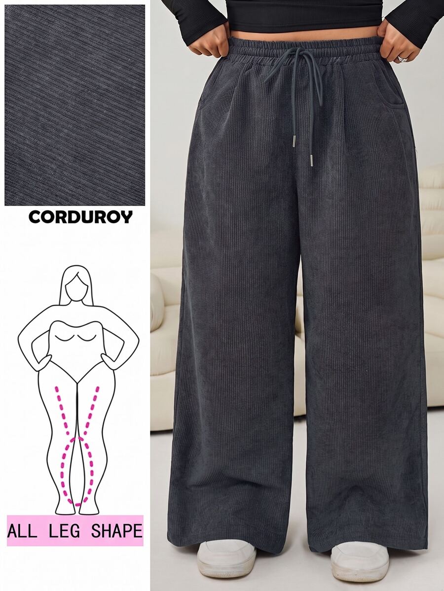Solflare Relaxed Fit Chocolate Brown Corduroy Wide Leg Plus Size Long Pants With Drawstring Waist And Pockets Comfy Loose Autumn Vacation Casual Winter - Dark Grey - View 1