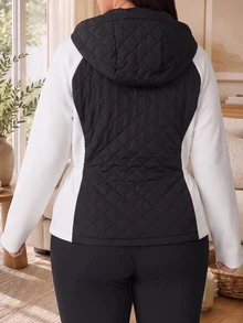Solflare Black And White Color Block Plus Size Women's Solid Color Raglan Long Sleeve Hooded Casual Winter Jacket Black Hiking - Black and White - View 2