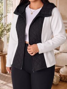 Solflare Black And White Color Block Plus Size Women's Solid Color Raglan Long Sleeve Hooded Casual Winter Jacket Black Hiking - Black and White - View 4