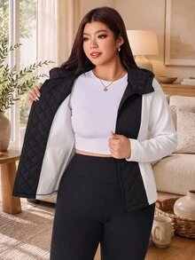 Solflare Black And White Color Block Plus Size Women's Solid Color Raglan Long Sleeve Hooded Casual Winter Jacket Black Hiking - Black and White - View 6