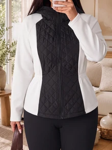 Solflare Black And White Color Block Plus Size Women's Solid Color Raglan Long Sleeve Hooded Casual Winter Jacket Black Hiking - Black and White - View 3
