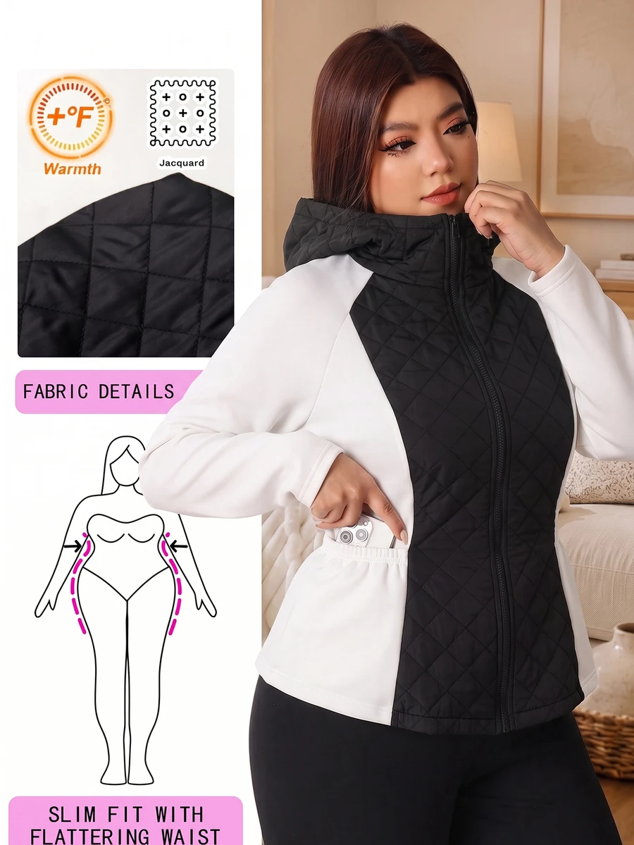 Solflare Black And White Color Block Plus Size Women's Solid Color Raglan Long Sleeve Hooded Casual Winter Jacket Black Hiking - Black and White - View 1