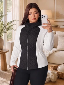 Solflare Black And White Color Block Plus Size Women's Solid Color Raglan Long Sleeve Hooded Casual Winter Jacket Black Hiking - Black and White - View 7