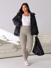 Solflare Plus Size Women Solid Color High Waist Casual Versatile Leggings - Khaki - View 6