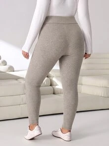 Solflare Plus Size Women Solid Color High Waist Casual Versatile Leggings - Khaki - View 2