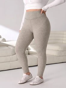 Solflare Plus Size Women Solid Color High Waist Casual Versatile Leggings - Khaki - View 5