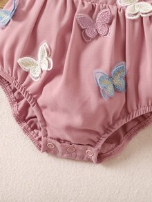 SHEIN 新生女宝宝可爱蝴蝶荷叶边连体衣，夏季 - 淺粉色 - 查看 6