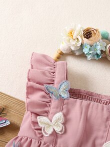 SHEIN 新生女宝宝可爱蝴蝶荷叶边连体衣，夏季 - 淺粉色 - 查看 7