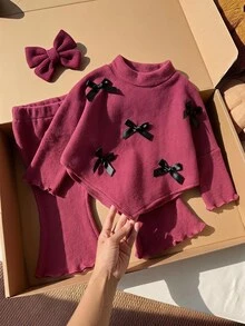SHEIN Vintaside Kids Baby Girls 2pcs Rib Knit Outfit, Mock Neck Asymmetrical Hem Bow Top And Flare Pants Set, Cute Long Sleeve Fall Winter Clothes - Burgundy - View 1