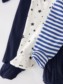 SHEIN 3pcs Newborn Baby Boy Striped & Star Pattern Crew Neck Long Sleeve Zipper Front Knitted Soft Jumpsuit Set Print Fall Winter - Navy Blue - View 4