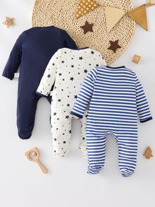 SHEIN 3pcs Newborn Baby Boy Striped & Star Pattern Crew Neck Long Sleeve Zipper Front Knitted Soft Jumpsuit Set Print Fall Winter - Navy Blue - View 2