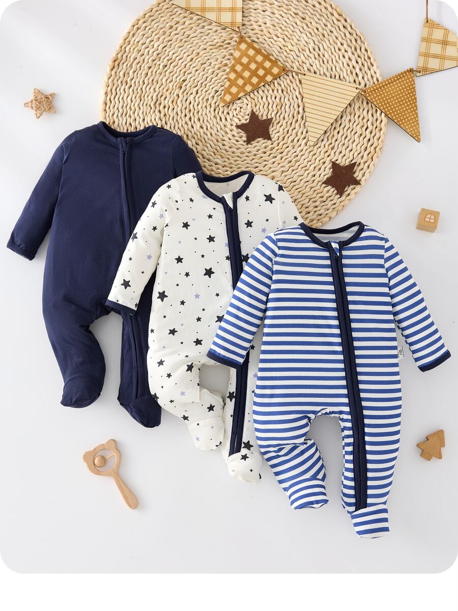 SHEIN 3pcs Newborn Baby Boy Striped & Star Pattern Crew Neck Long Sleeve Zipper Front Knitted Soft Jumpsuit Set Print Fall Winter - Navy Blue - View 1