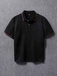 Manfinity Homme 男士緹花紋理 Polo 衫，對比色滾邊領口與袖口，黑色短袖上衣 - 黑色 - 查看 1