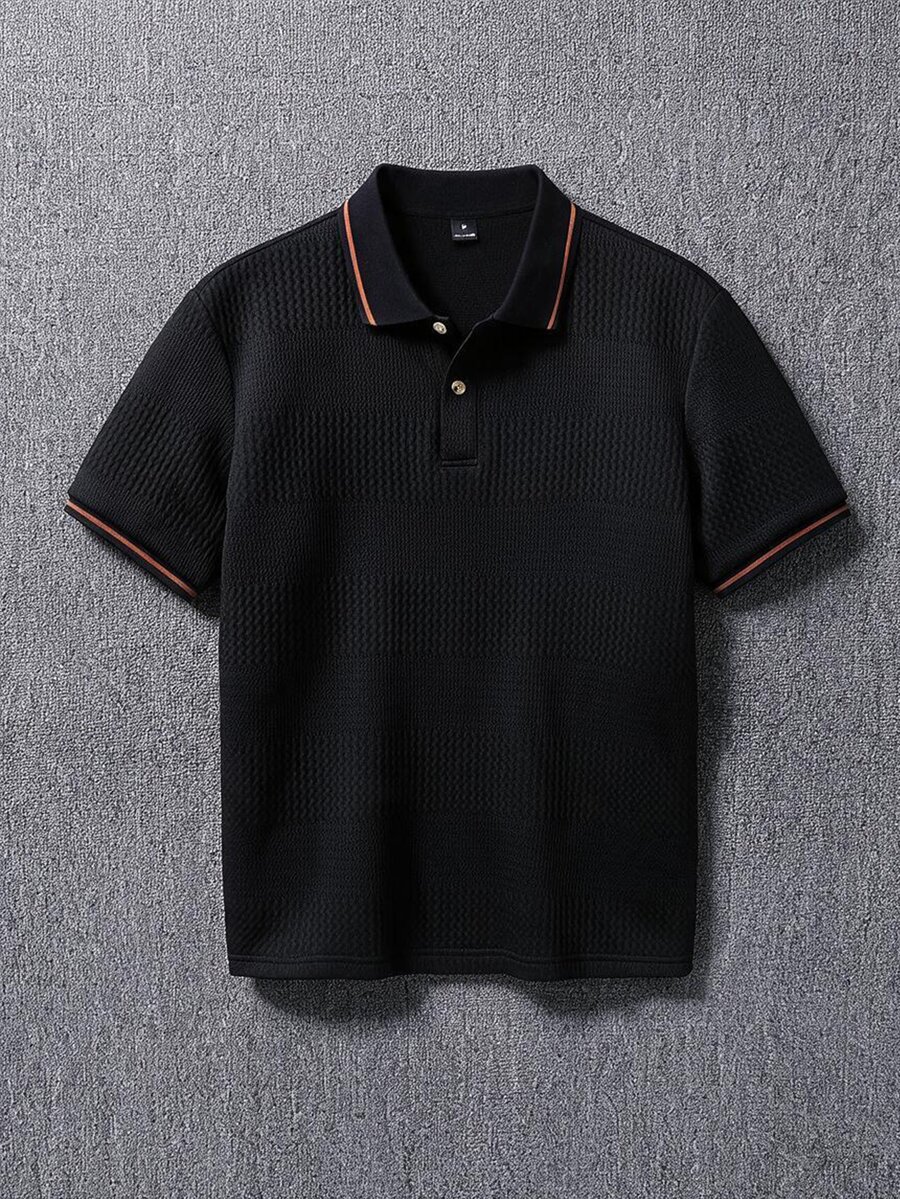 Manfinity Homme 男士緹花紋理 Polo 衫,對比色滾邊領口與袖口,黑色短袖上衣 - 黑色 - 查看 1