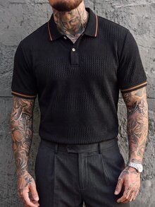 Manfinity Homme 男士緹花紋理 Polo 衫，對比色滾邊領口與袖口，黑色短袖上衣 - 黑色 - 查看 8