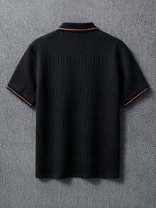 Manfinity Homme 男士緹花紋理 Polo 衫，對比色滾邊領口與袖口，黑色短袖上衣 - 黑色 - 查看 2