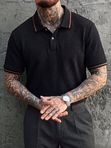 Manfinity Homme 男士緹花紋理 Polo 衫，對比色滾邊領口與袖口，黑色短袖上衣 - 黑色 - 查看 7