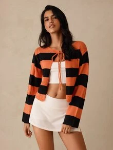 Glamine Women's Street Style Striped Colorblock Tie-Front Knit Cardigan - Multicolor - View 10