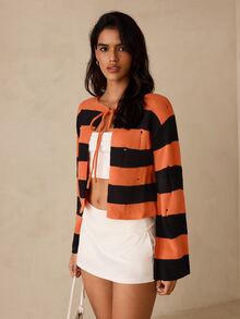 Glamine Women's Street Style Striped Colorblock Tie-Front Knit Cardigan - Multicolor - View 4