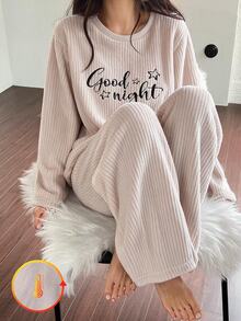 2pcs/Set Girls' Casual Thermal Lined Crew Neck Long Sleeve Letter Embroidery Top And Pants Comfortable Soft Loungewear Autumn/Winter - Apricot - View 5