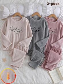 2pcs/Set Girls' Casual Thermal Lined Crew Neck Long Sleeve Letter Embroidery Top And Pants Comfortable Soft Loungewear Autumn/Winter - Apricot - View 1