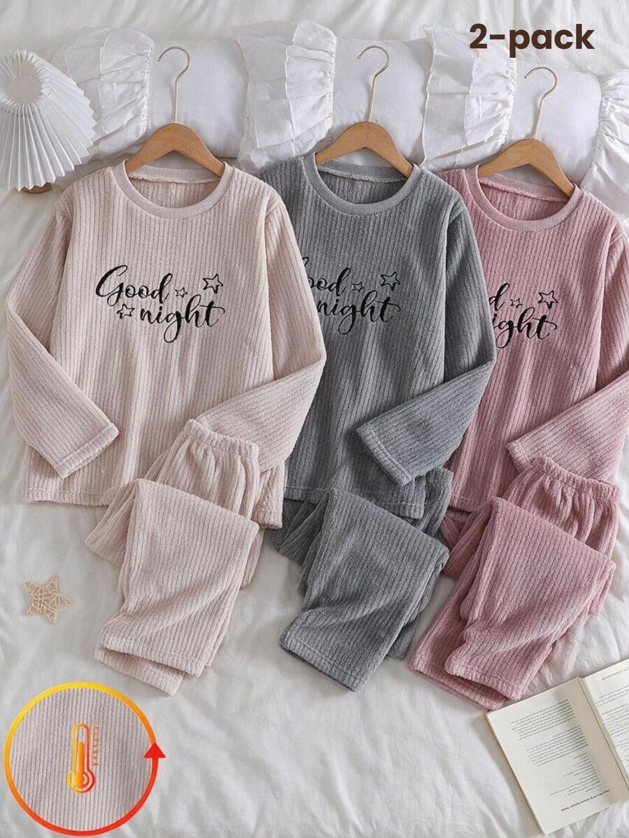 2pcs/Set Girls' Casual Thermal Lined Crew Neck Long Sleeve Letter Embroidery Top And Pants Comfortable Soft Loungewear Autumn/Winter - Apricot - View 1