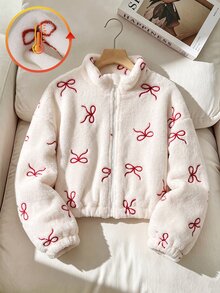 SHEIN 1件青少年女孩立領拉鍊毛邊夾克，滿版愛心印花，休閒可愛牛仔女孩風格上衣，適合秋季/學校體育館，紅白色 - 白色 - 查看 7