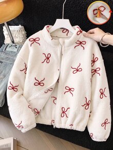 SHEIN 1件青少年女孩立領拉鍊毛邊夾克，滿版愛心印花，休閒可愛牛仔女孩風格上衣，適合秋季/學校體育館，紅白色 - 白色 - 查看 6