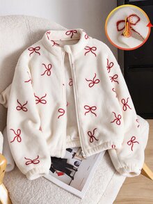 SHEIN 1件青少年女孩立領拉鍊毛邊夾克，滿版愛心印花，休閒可愛牛仔女孩風格上衣，適合秋季/學校體育館，紅白色 - 白色 - 查看 3