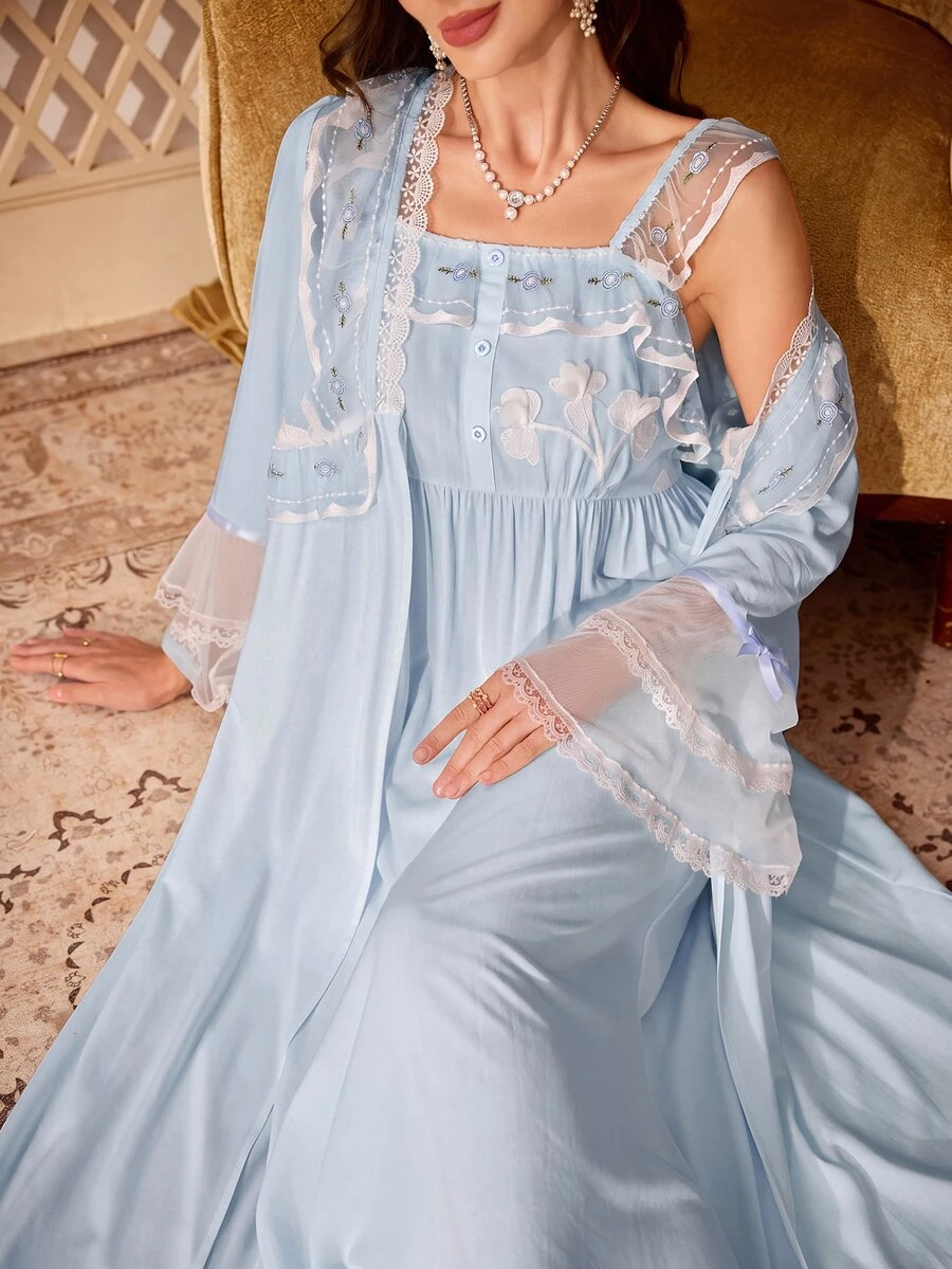 PalaceNights Court Style Heavy Embroidery Fabric Lace Trim Women's Set - Blue - View 1