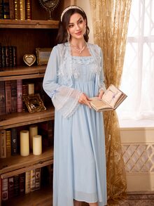 PalaceNights Court Style Heavy Embroidery Fabric Lace Trim Women's Set - Blue - View 6