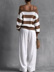LUMIGAL Women's Colorblock Casual Daily Wear Long Sleeve Sweater - Khaki - View 2