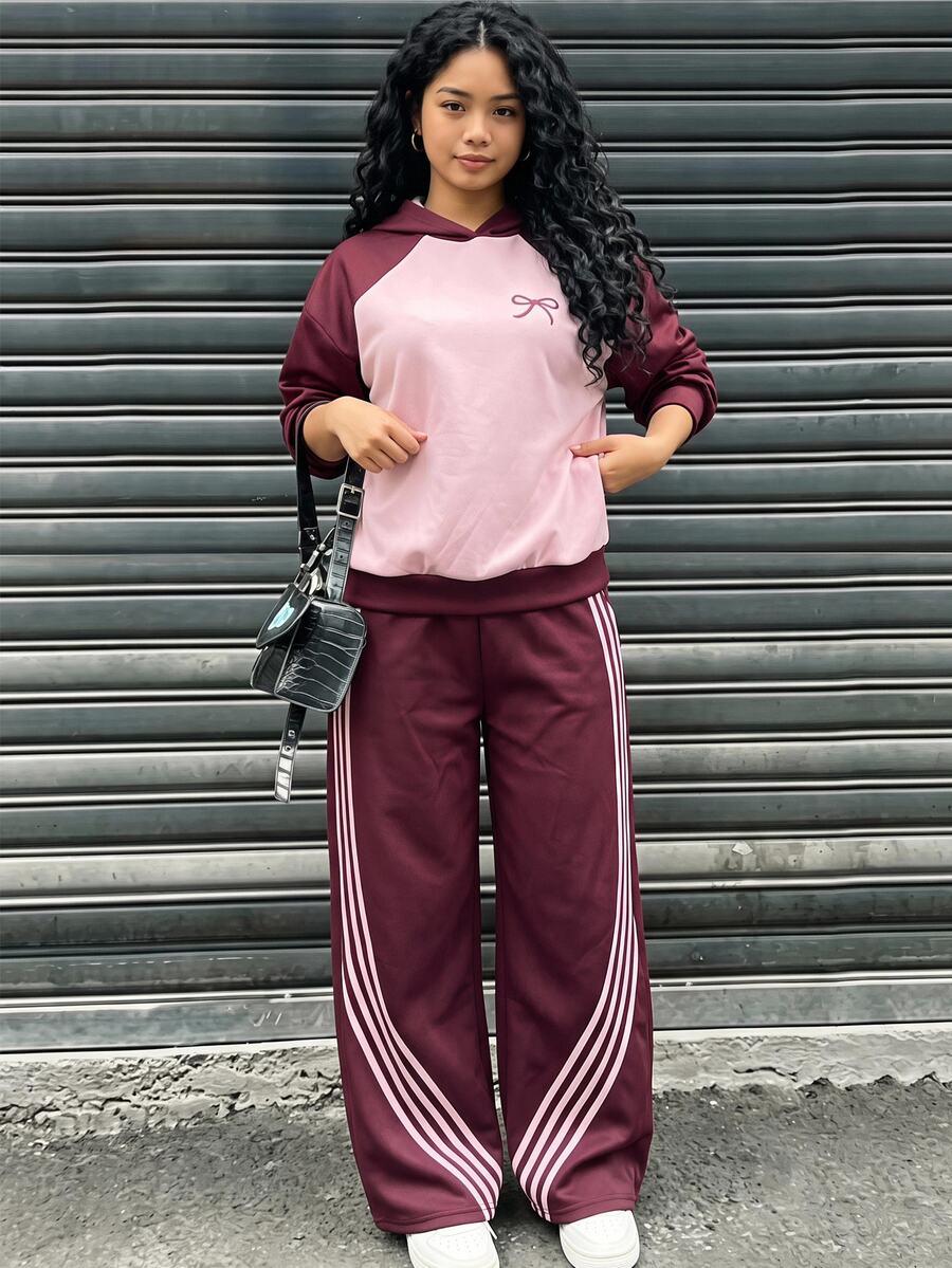 SHEIN 青少年女孩秋冬連帽運動衫,印花蝴蝶結與側條紋設計,紅色 2 件組,休閒日常運動街頭風校園度假穿搭 - 玫瑰紅 - 查看 1