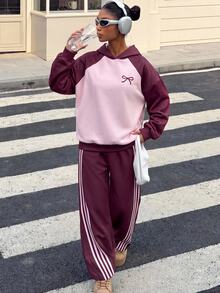 SHEIN 青少年女孩秋冬連帽運動衫，印花蝴蝶結與側條紋設計，紅色 2 件組，休閒日常運動街頭風校園度假穿搭 - 玫瑰紅 - 查看 7
