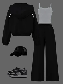 SHEIN 3件組 青少年女孩黑色灰色返校反光飾邊連帽拉鍊外套背心寬鬆套裝 親子款秋季運動牛仔慢跑風 - 黑色 - 查看 2