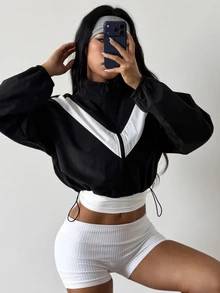 Coolane Women's Fall/Winter Streetwear Going Out Sport Comfortable Patchwork Loose Zip Up Black Jacket - Black and White - View 1