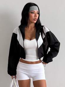 Coolane Women's Fall/Winter Streetwear Going Out Sport Comfortable Patchwork Loose Zip Up Black Jacket - Black and White - View 6