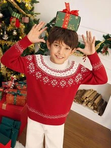 SHEIN 兒童青少年男孩休閒學院風圓領長袖紅色聖誕毛衣，適合通勤、上學、日常休閒外出、運動，秋冬季節，聖誕節，親子穿搭 - 紅色 - 查看 6