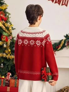 SHEIN 兒童青少年男孩休閒學院風圓領長袖紅色聖誕毛衣，適合通勤、上學、日常休閒外出、運動，秋冬季節，聖誕節，親子穿搭 - 紅色 - 查看 2